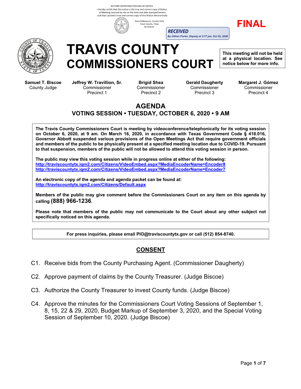 Travis County Commissioners Court Is Meeting by Videoconference/Telephonically for Its Voting Session on October 6, 2020, at 9 Am