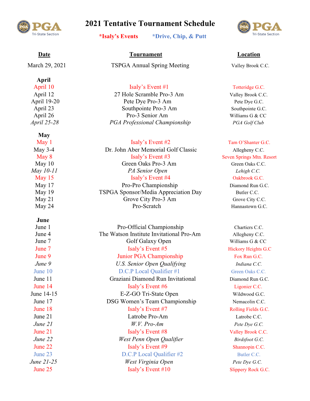 2021 Tentative Tournament Schedule *Isaly’S Events *Drive, Chip, & Putt