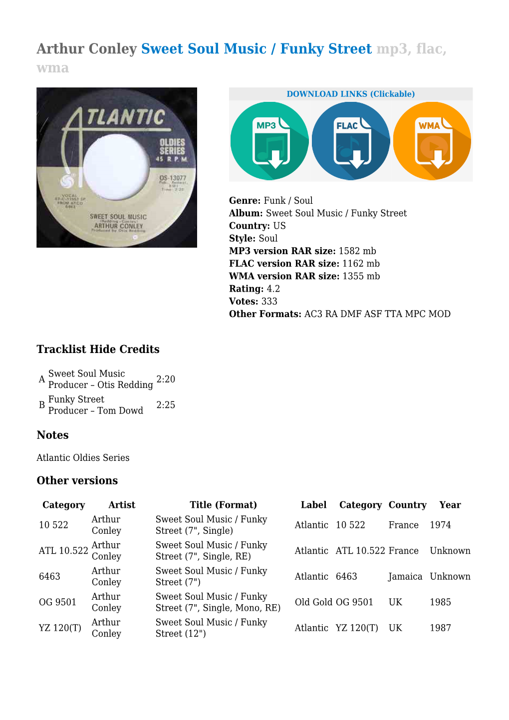 Arthur Conley Sweet Soul Music / Funky Street Mp3, Flac, Wma