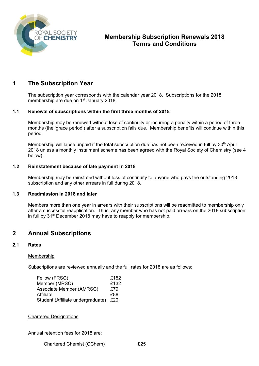 Membership Subscription Renewals 2018 Terms and Conditions