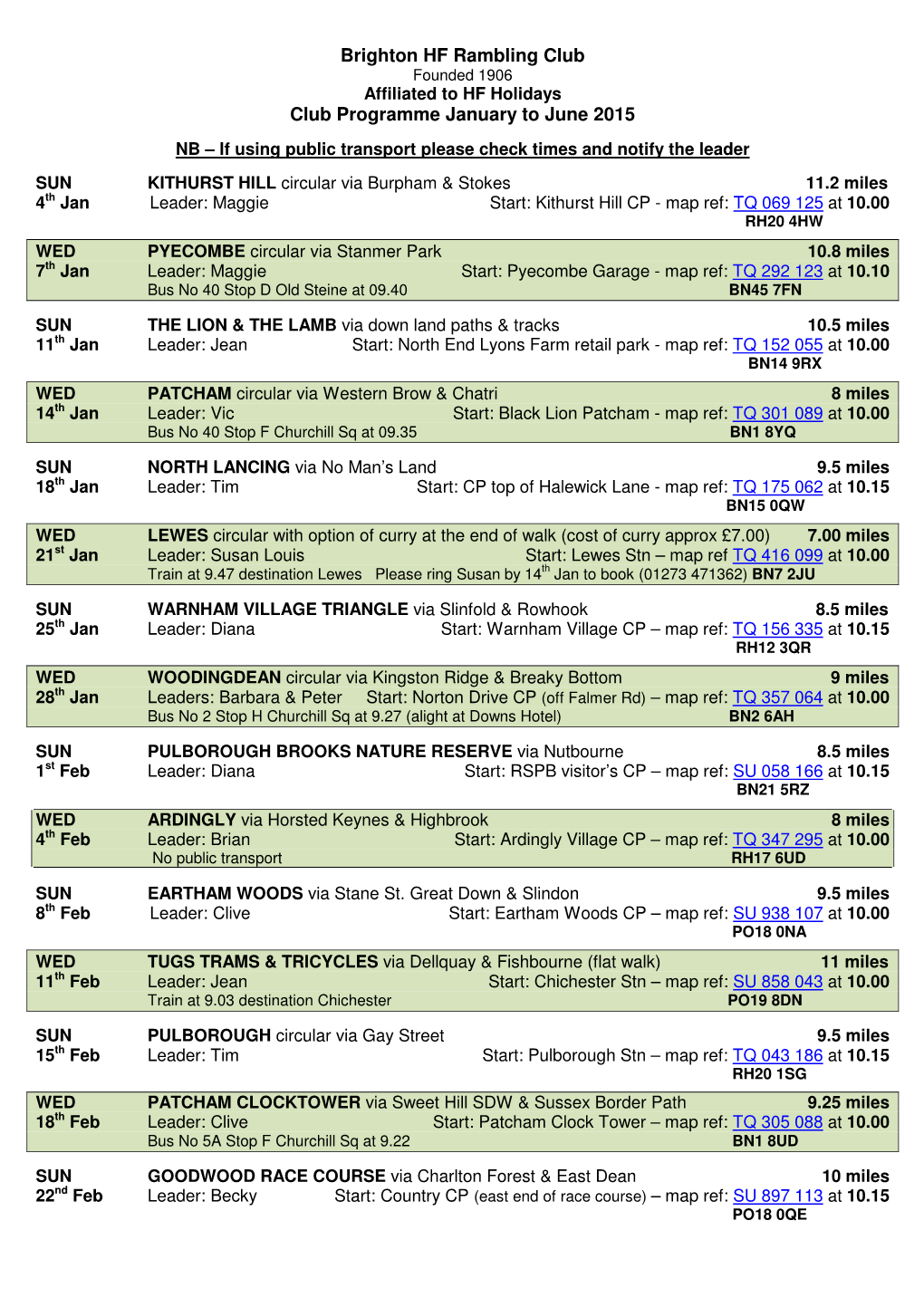 Brighton HF Rambling Club Club Programme January to June 2015