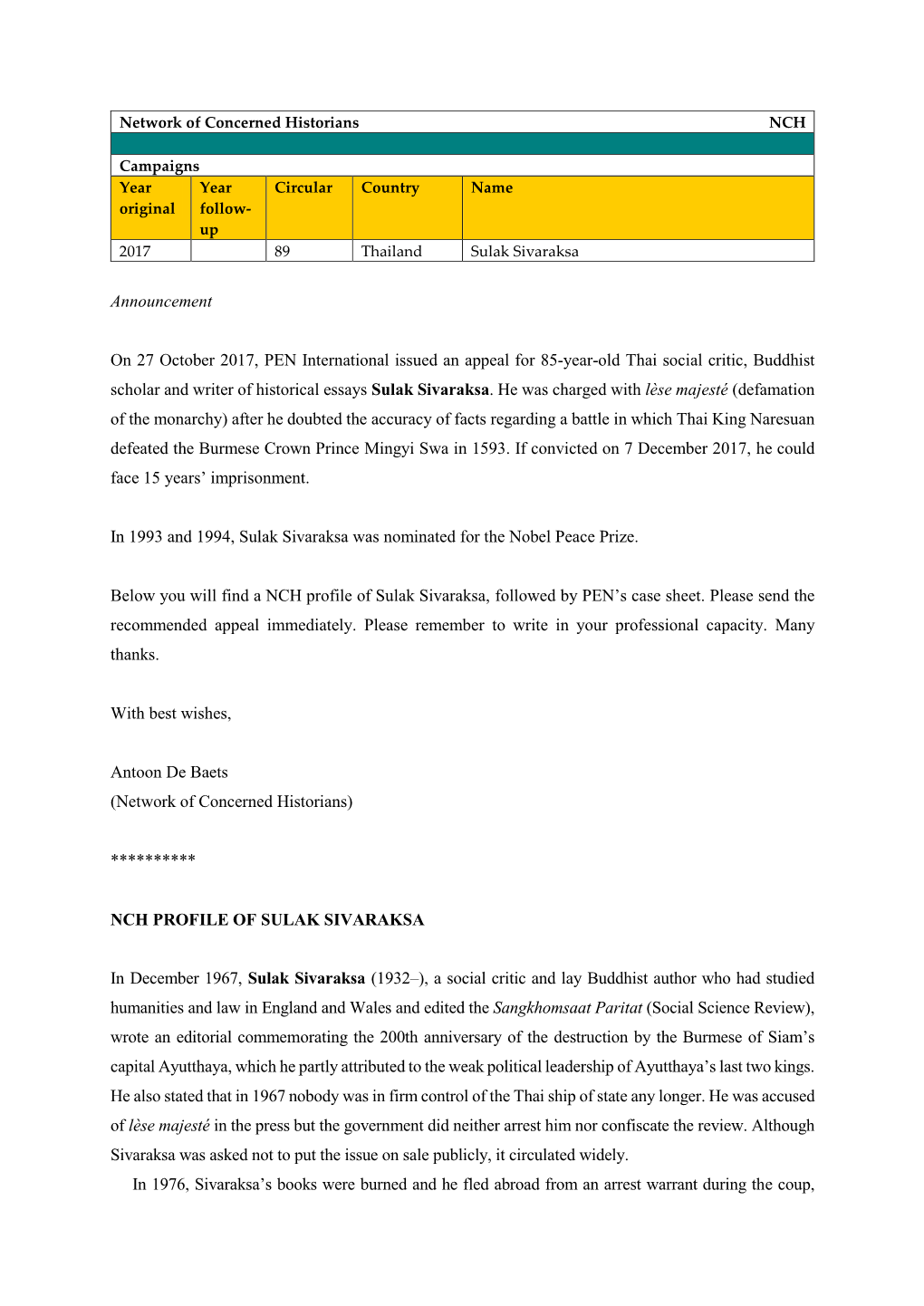 Announcement on 27 October 2017, PEN International Issued an Appeal for 85-Year-Old Thai Social Critic, Buddhist Scholar And