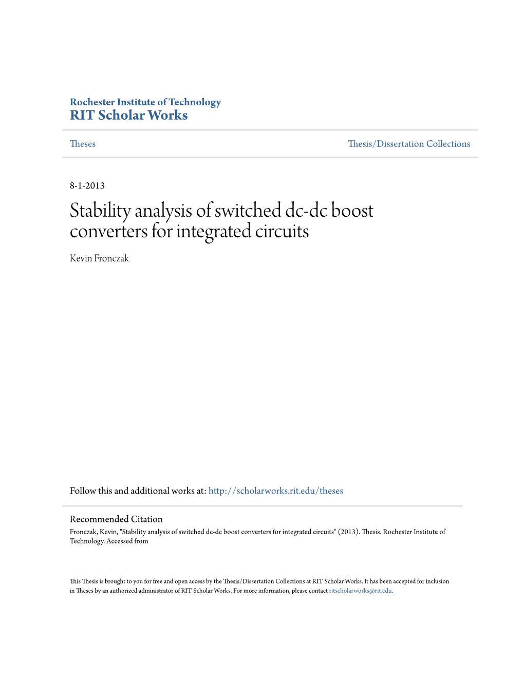 Stability Analysis of Switched Dc-Dc Boost Converters for Integrated Circuits Kevin Fronczak