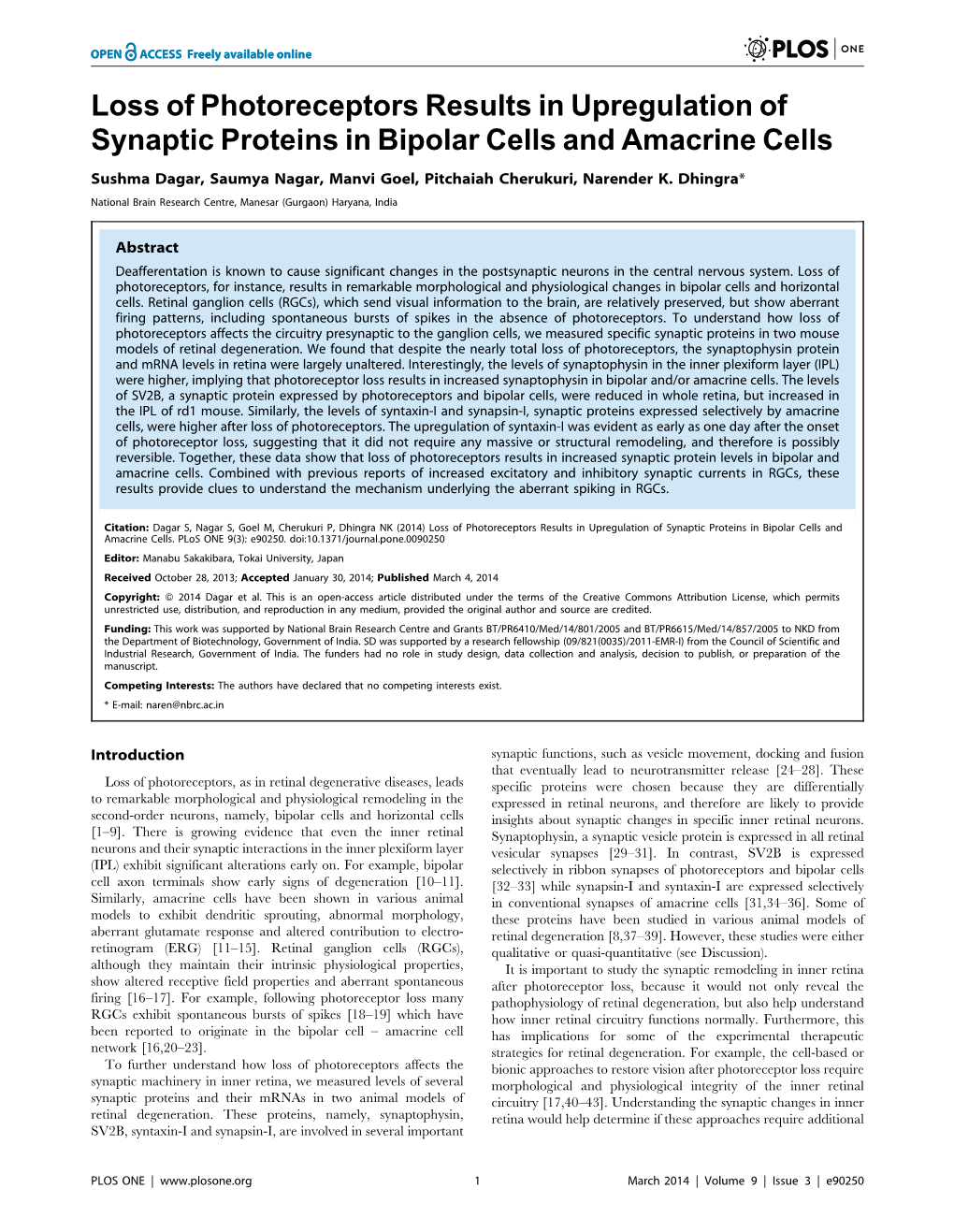 Synaptic Proteins in Bipolar Cells and Amacrine Cells Loss Of