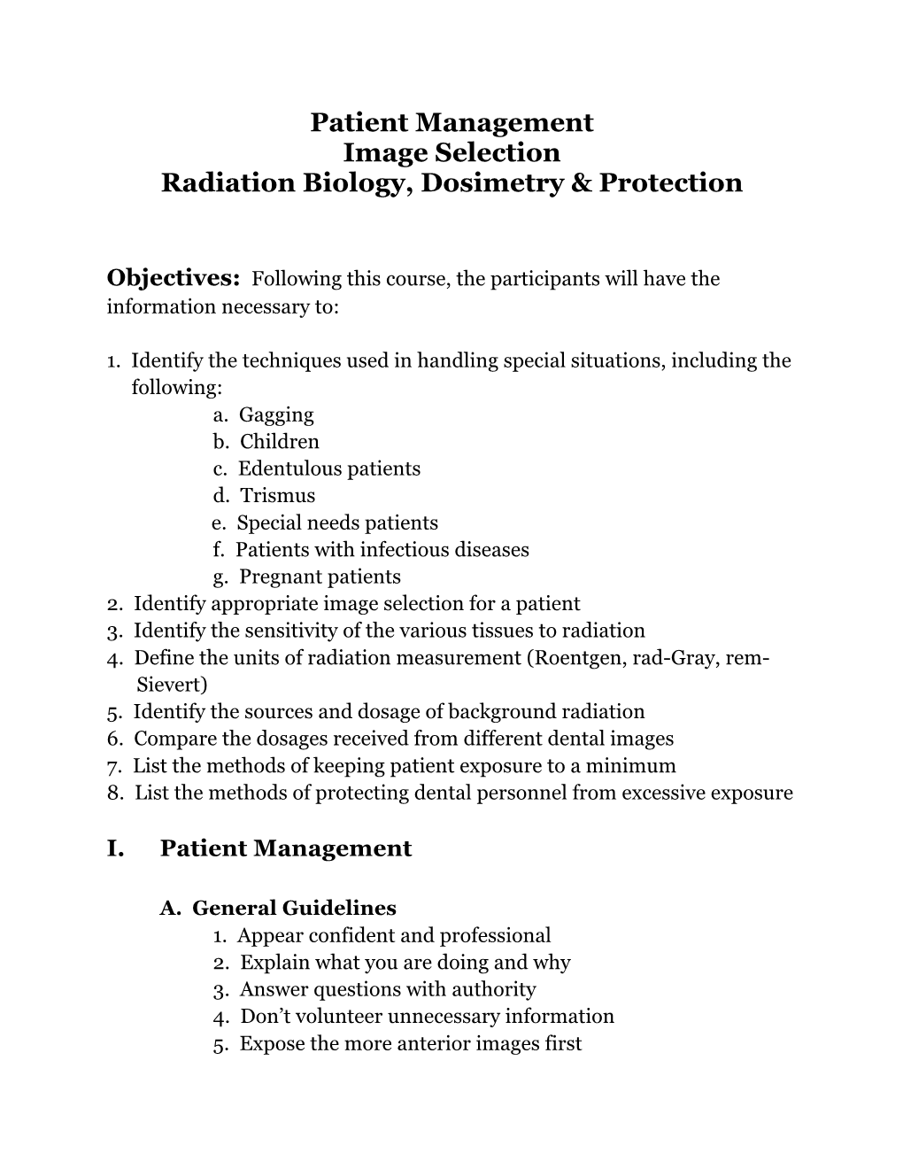 I. Patient Management