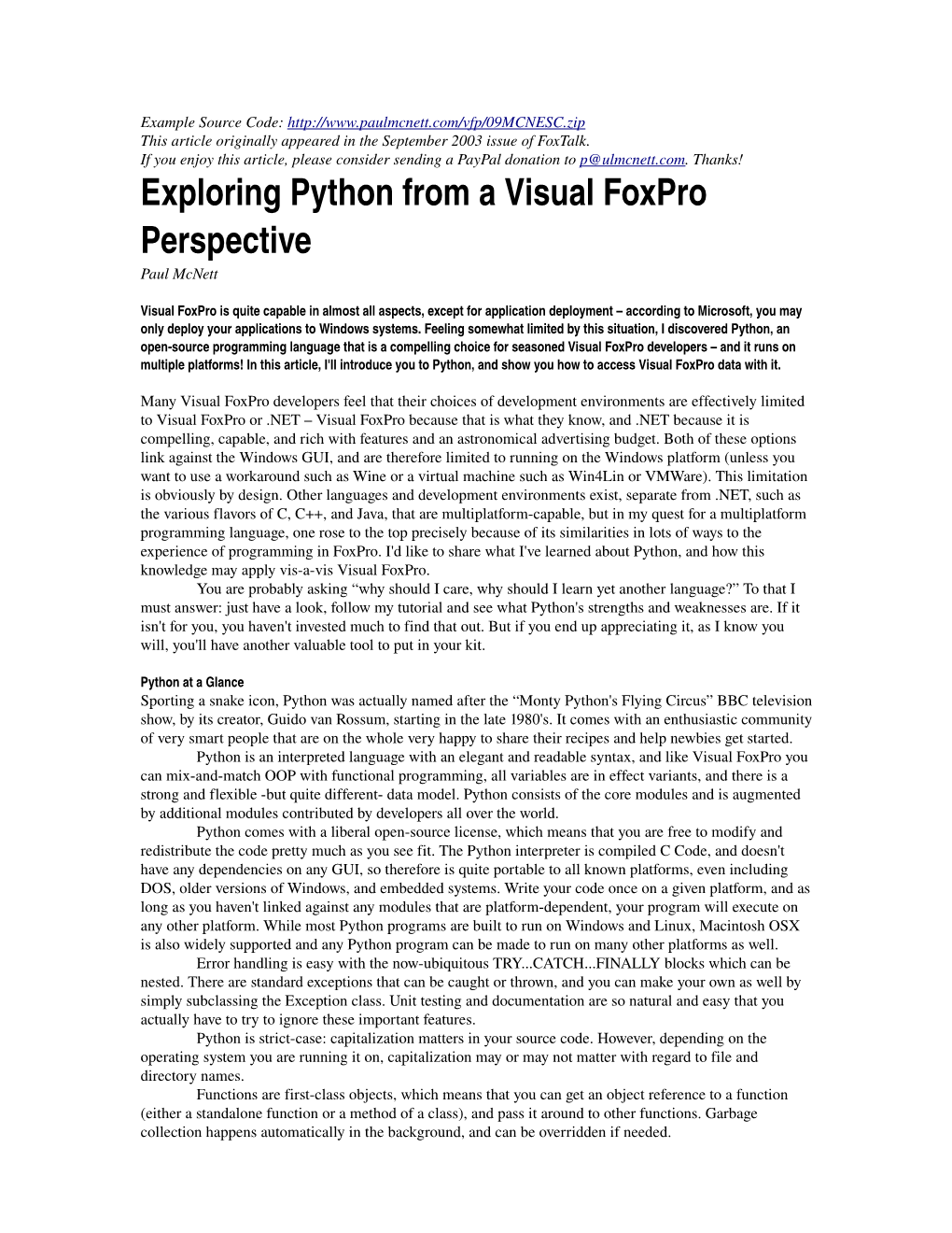 Exploring Python from a Visual Foxpro Perspective Paul Mcnett