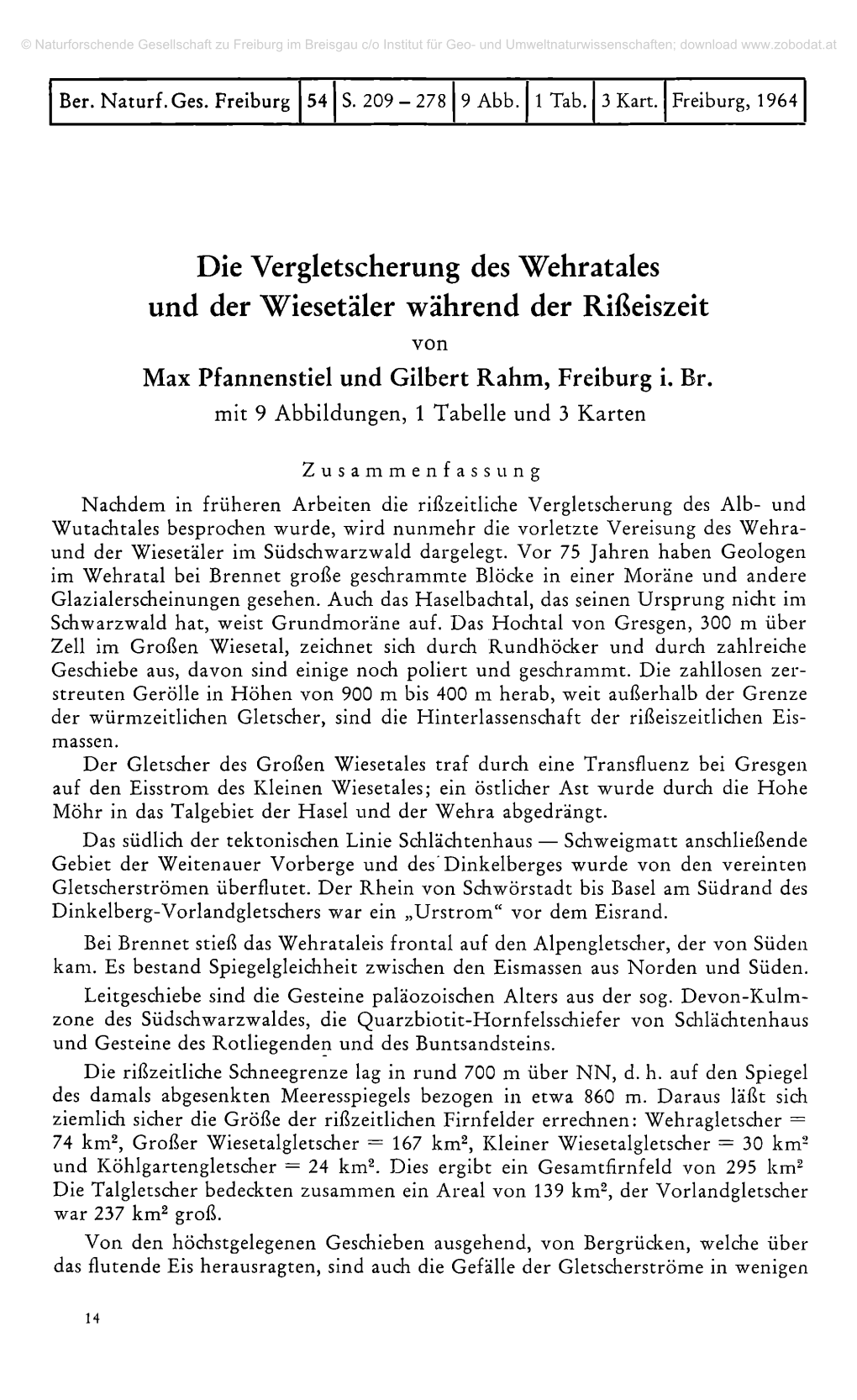 Die Vergletscherung Des Wehratales Und Der Wiesetäler Während Der Rißeiszeit Von Max Pfannenstiel Und Gilbert Rahm, Freiburg I