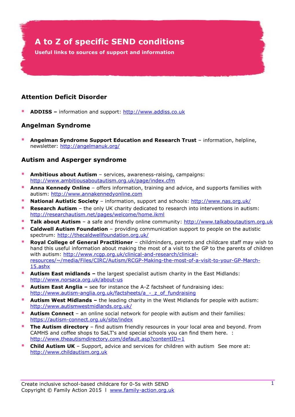 A to Z of Specific SEND Conditions Useful Links to Sources of Support and Information