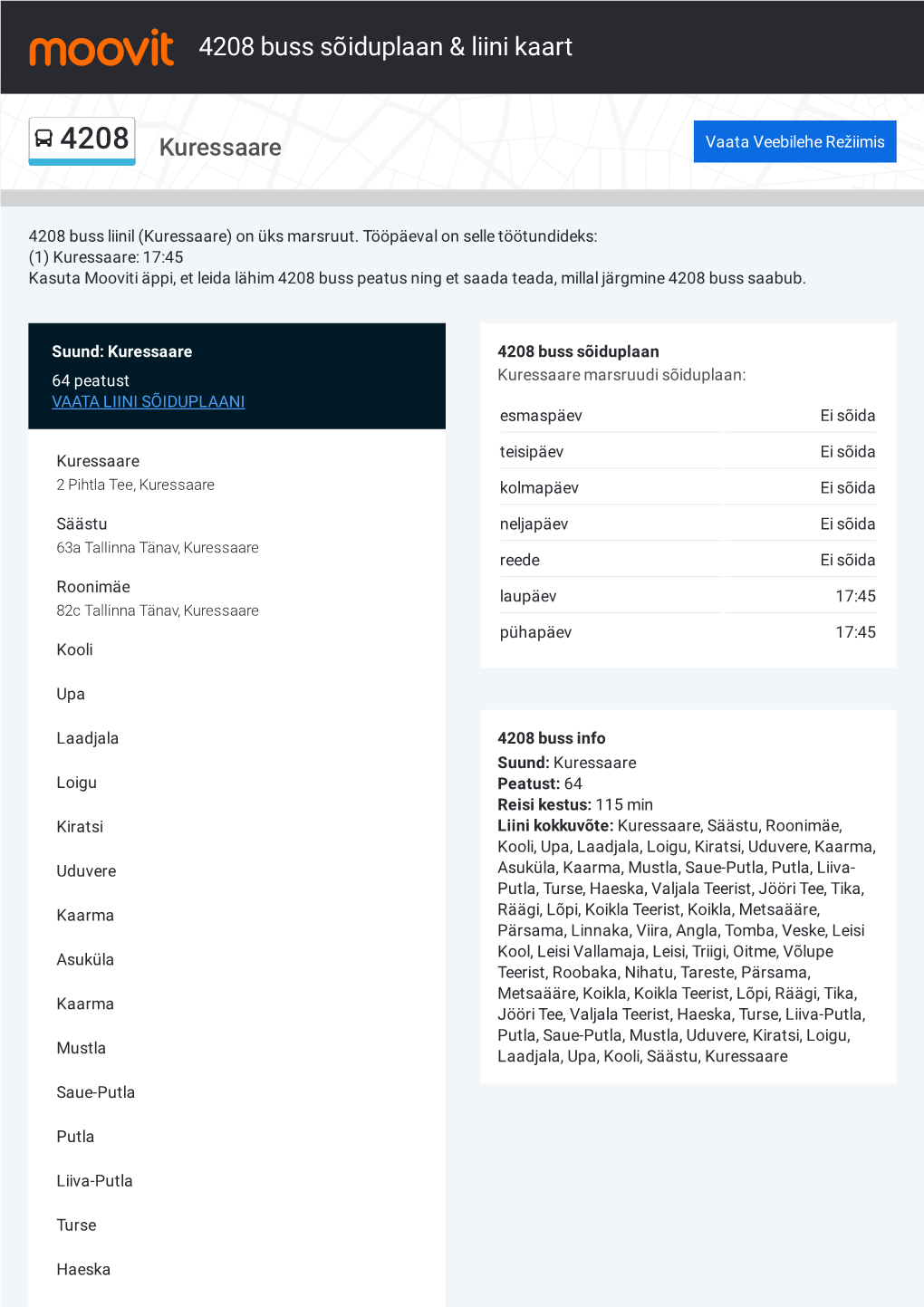 4208 Buss Sõiduplaan & Liini Marsruudi Kaart