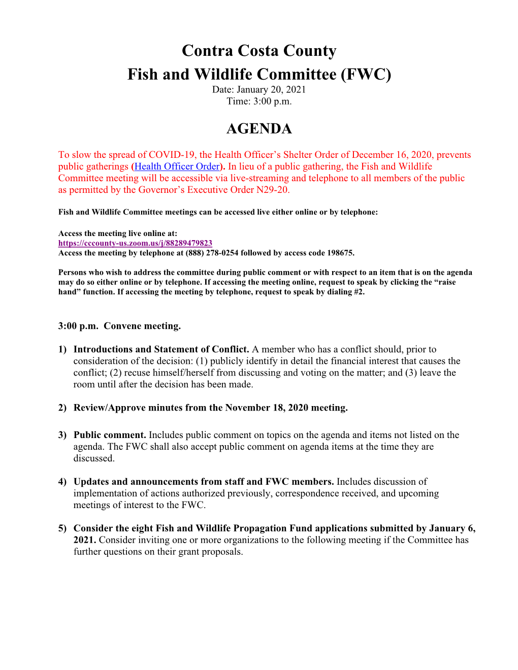 Fish and Wildlife Committee January 2021 Meeting Agenda