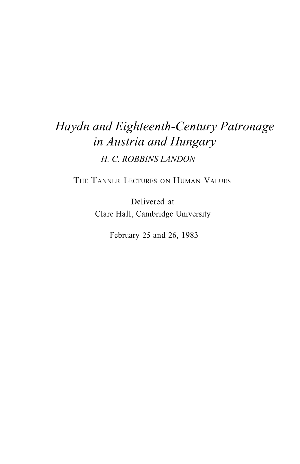 Haydn and Eighteenth-Century Patronage in Austria and Hungary H