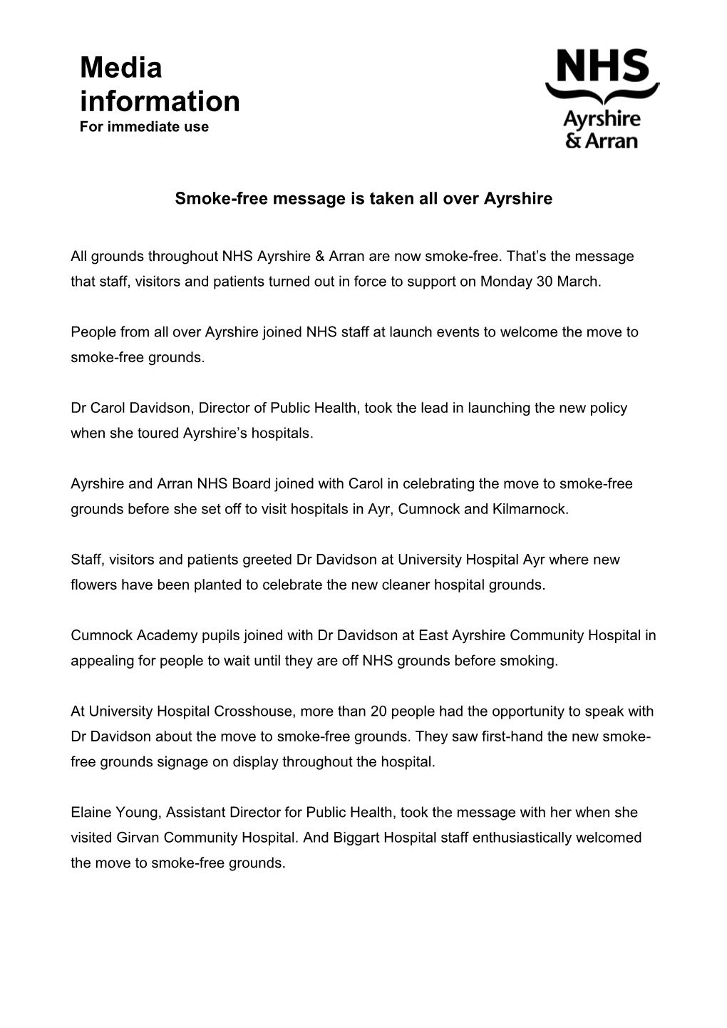 Smoke-Free Message Is Taken All Over Ayrshire