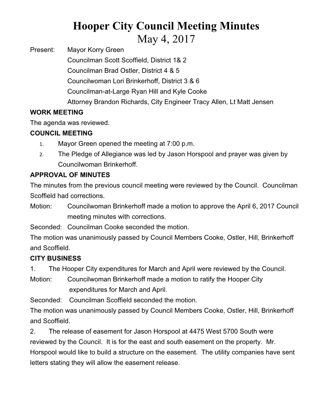 Hooper City Council Meeting Minutes