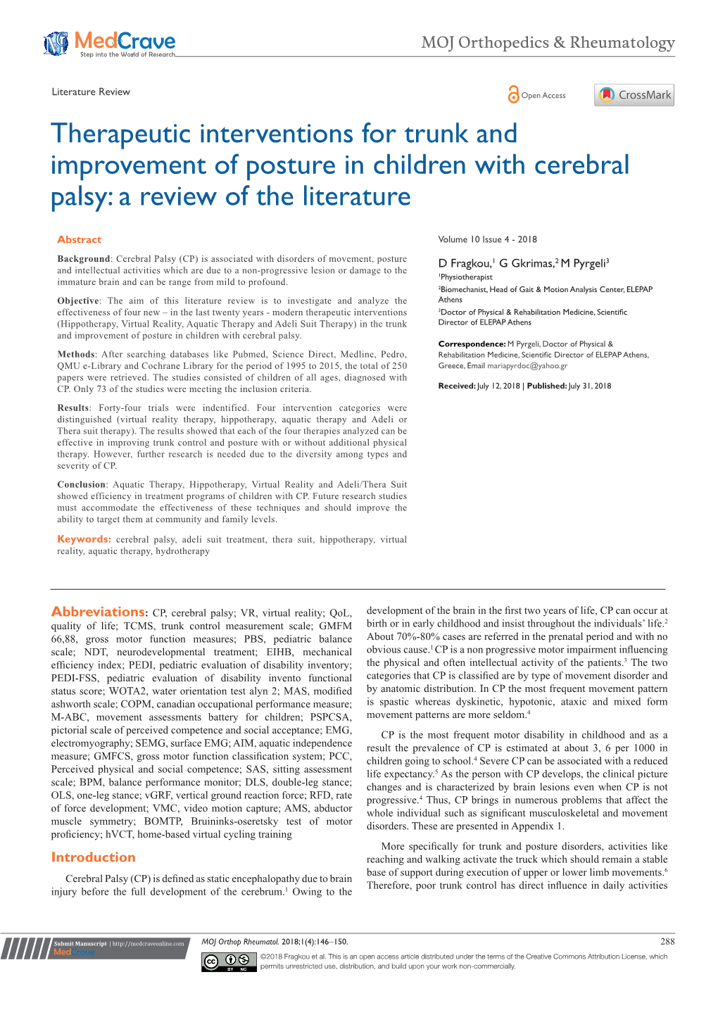 Therapeutic Interventions for Trunk and Improvement of Posture in Children with Cerebral Palsy: a Review of the Literature