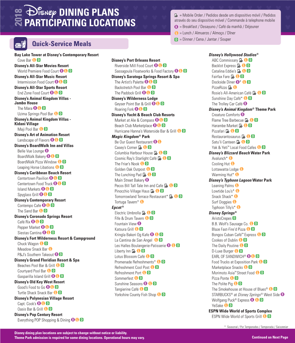 2018 Dining Plans Participating Locations