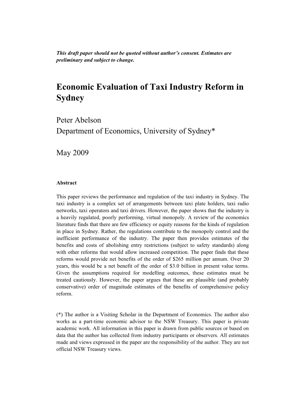 Economic Evaluation of Taxi Industry Reform in Sydney