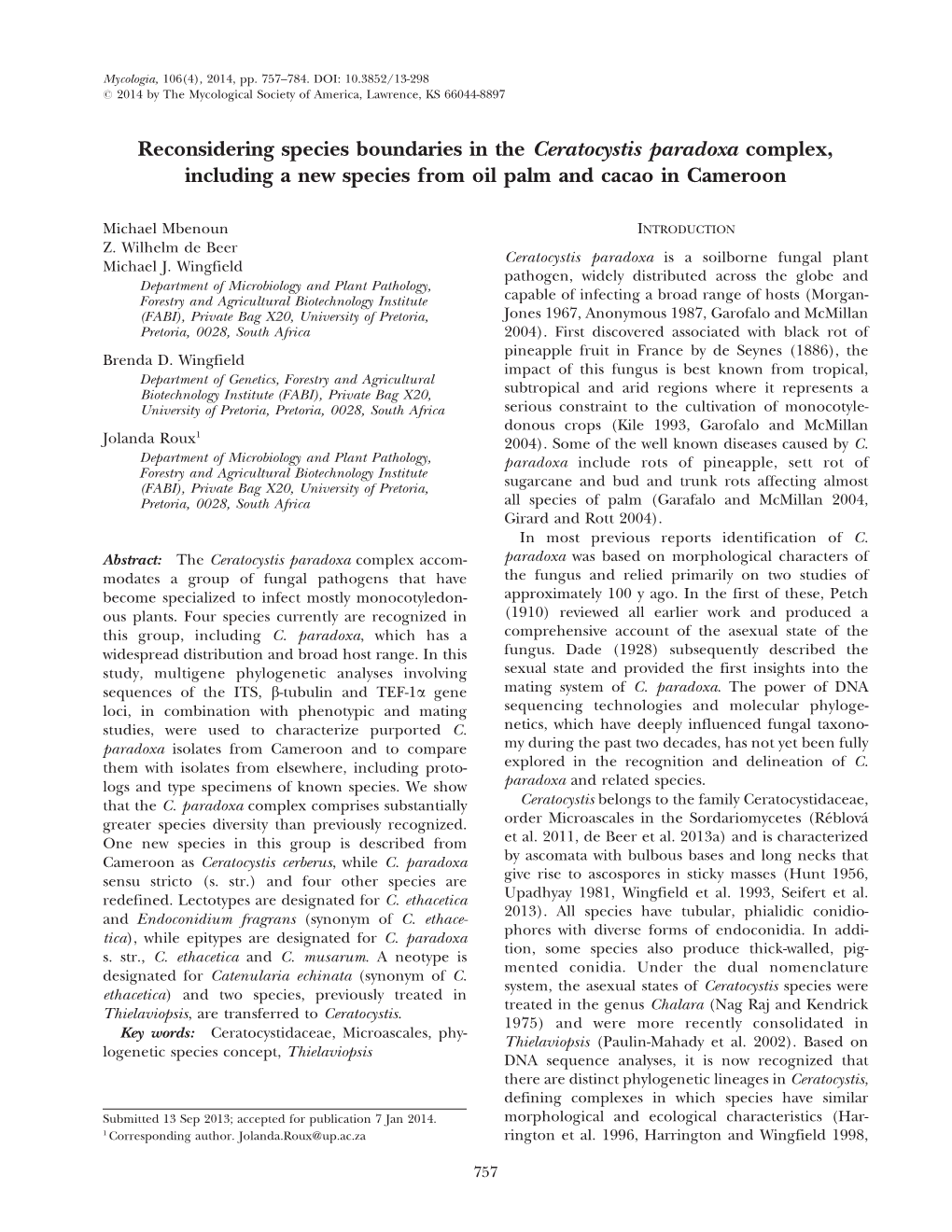 Reconsidering Species Boundaries in the Ceratocystis Paradoxa Complex, Including a New Species from Oil Palm and Cacao in Cameroon