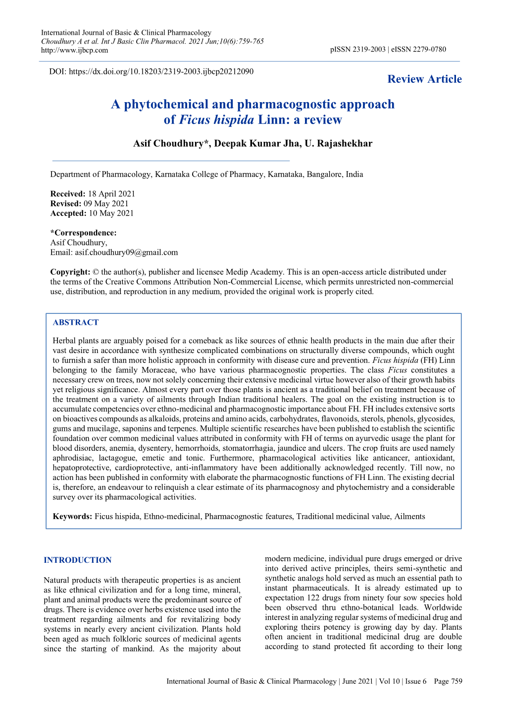 A Phytochemical and Pharmacognostic Approach of Ficus Hispida Linn: a Review