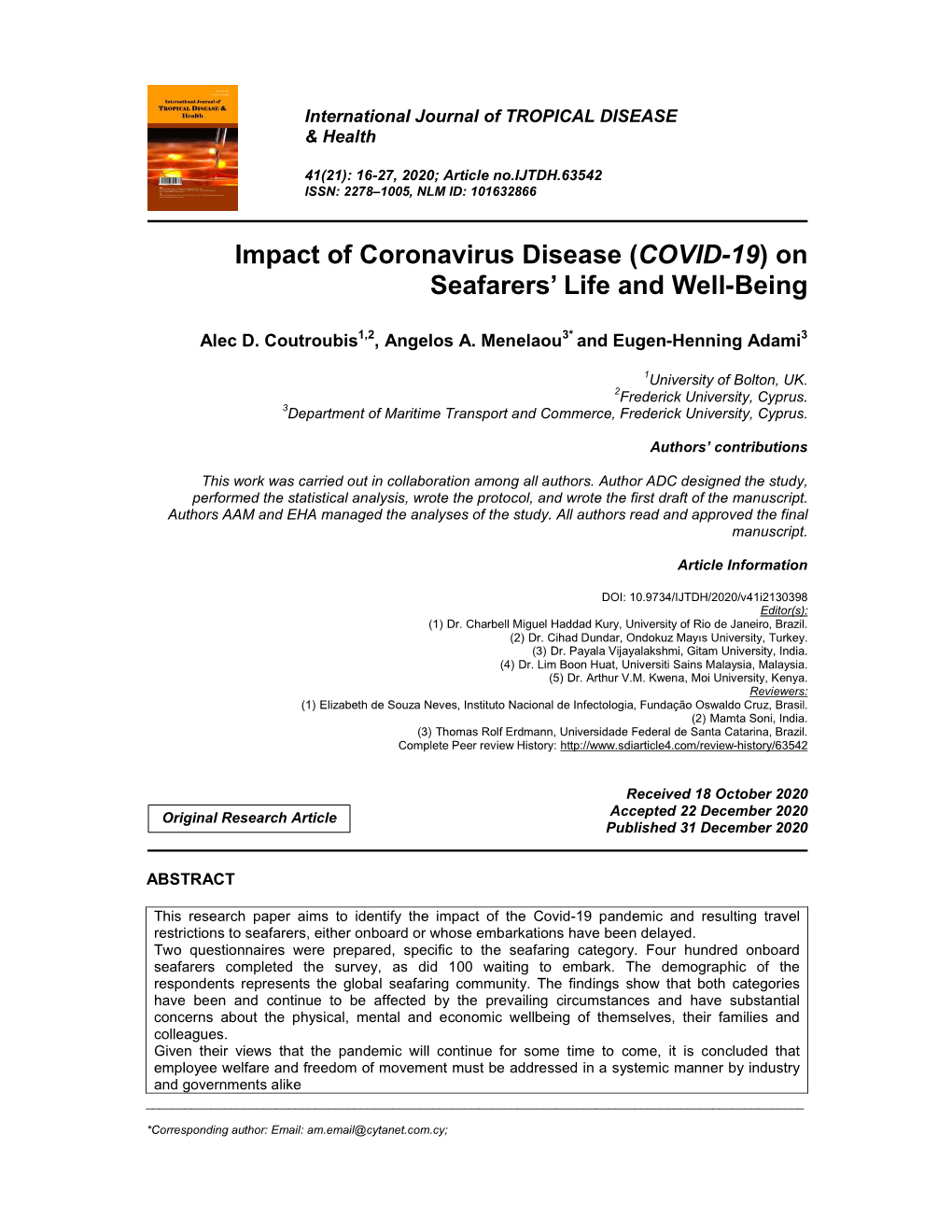 (COVID-19) on Seafarers' Life and Well-Being