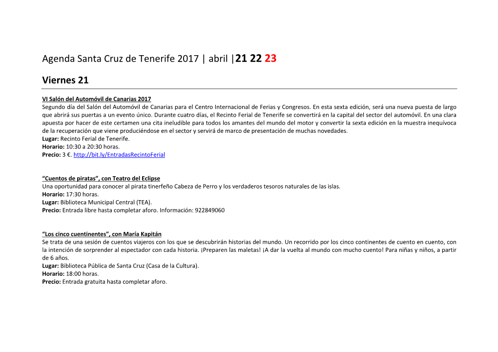 Agenda Santa Cruz De Tenerife 2017 | Abril |21 22 23 Viernes 21