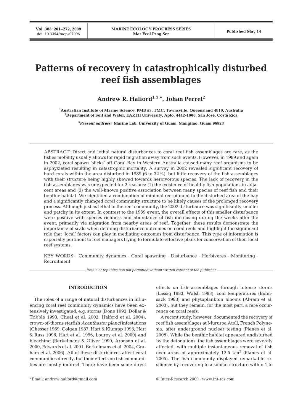 Patterns of Recovery in Catastrophically Disturbed Reef Fish Assemblages
