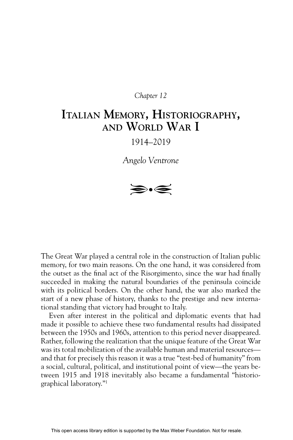 Italian Memory, Historiography, and World War I 1914–2019