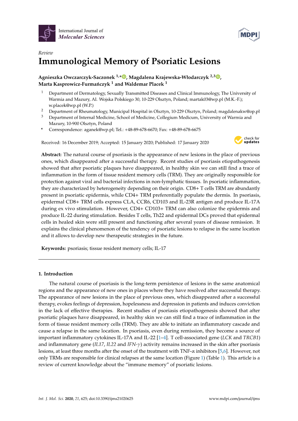 Immunological Memory of Psoriatic Lesions