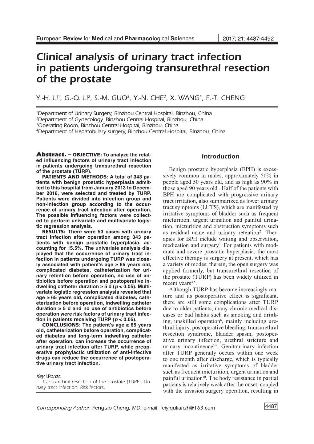 Urinary Tract Infection in Patients Undergoing TURP