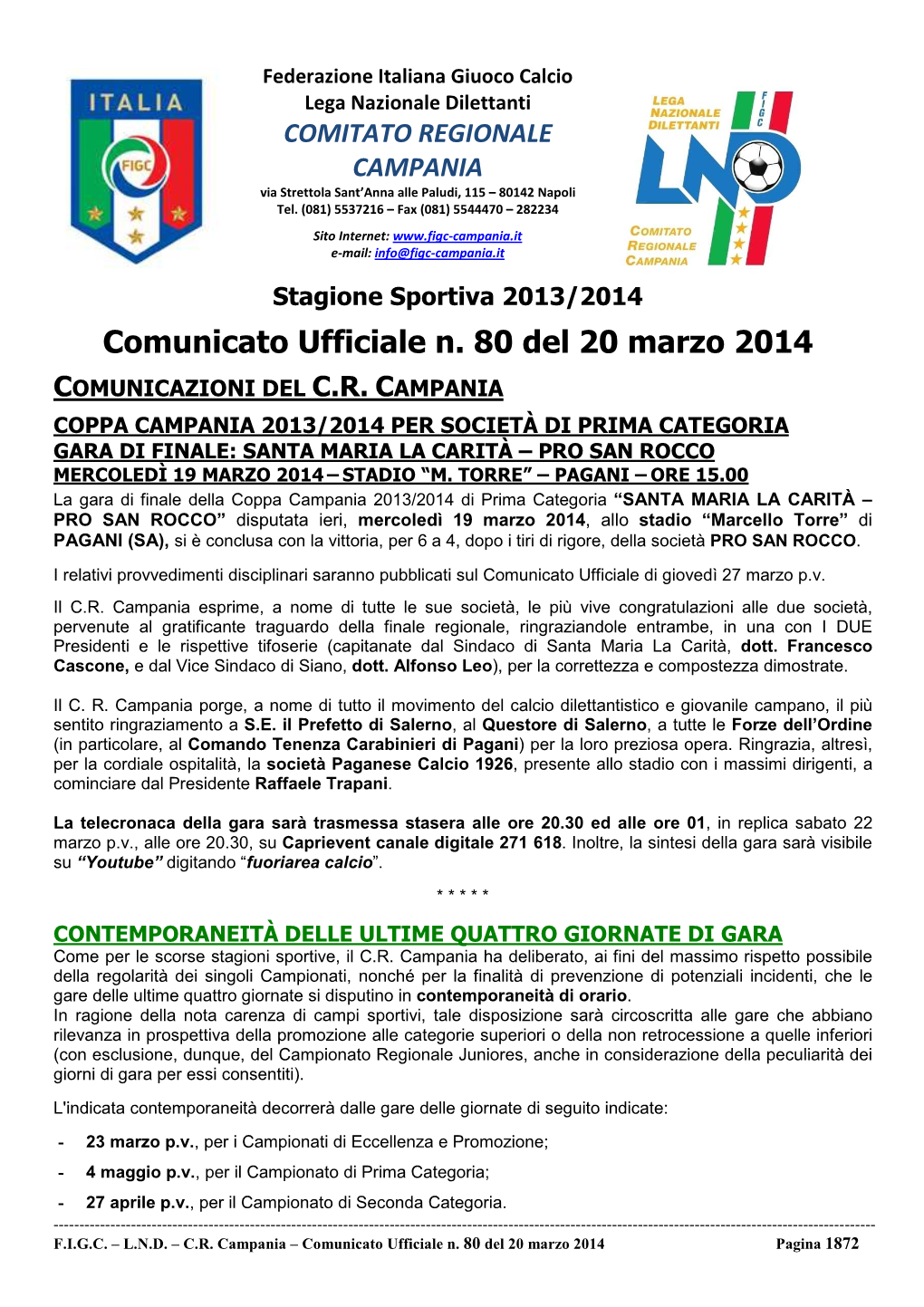 Comunicato Ufficiale N. 80 Del 20 Marzo 2014