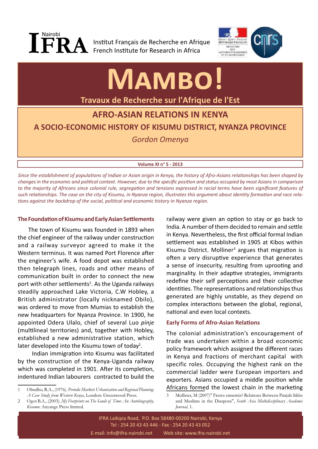 AFRO-ASIAN RELATIONS in KENYA a SOCIO-ECONOMIC HISTORY of KISUMU DISTRICT, NYANZA PROVINCE Gordon Omenya