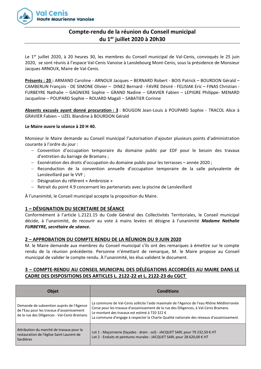 Compte-Rendu Réunion Du Conseil Du 1Er Juillet 2020