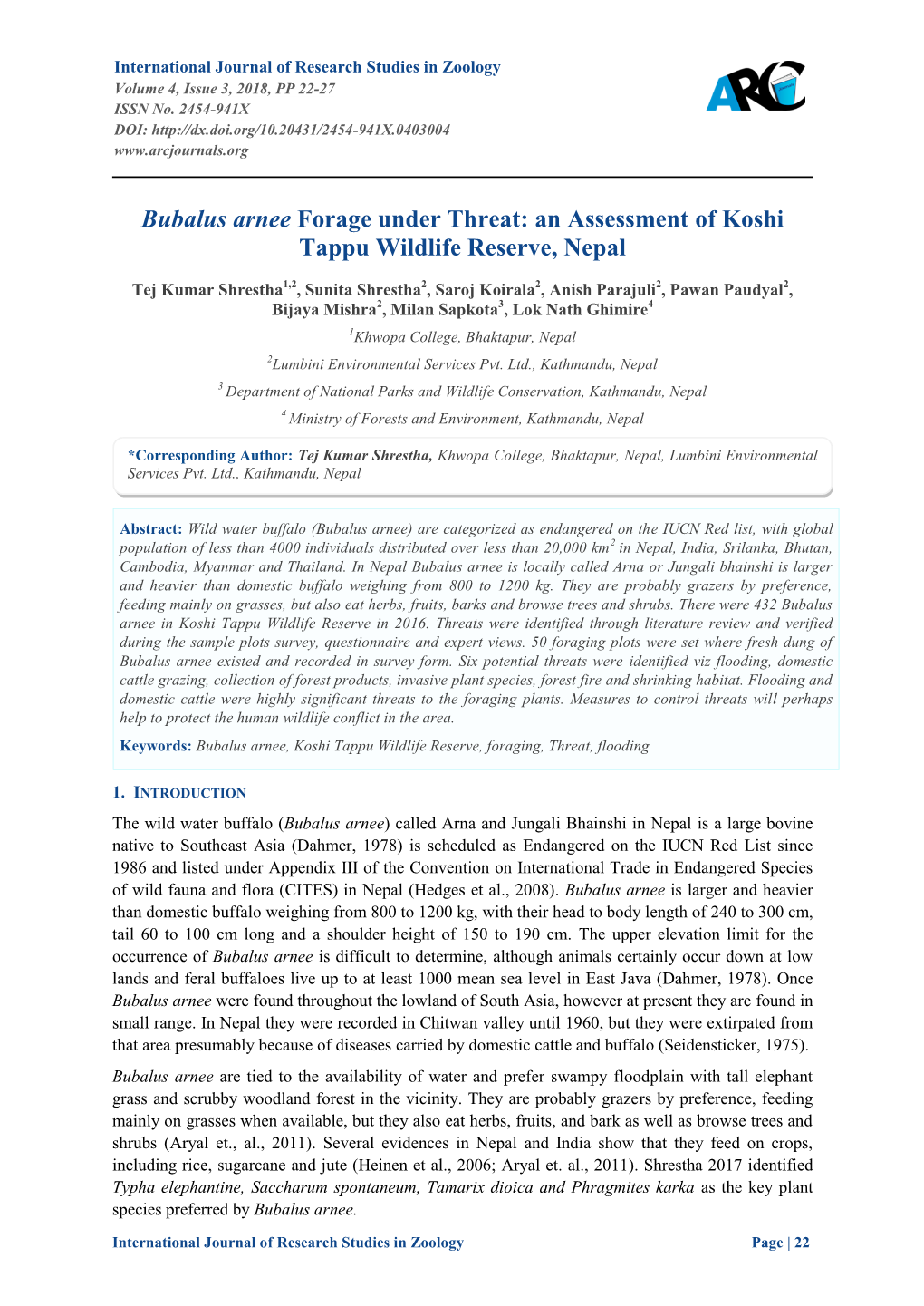 An Assessment of Koshi Tappu Wildlife Reserve, Nepal