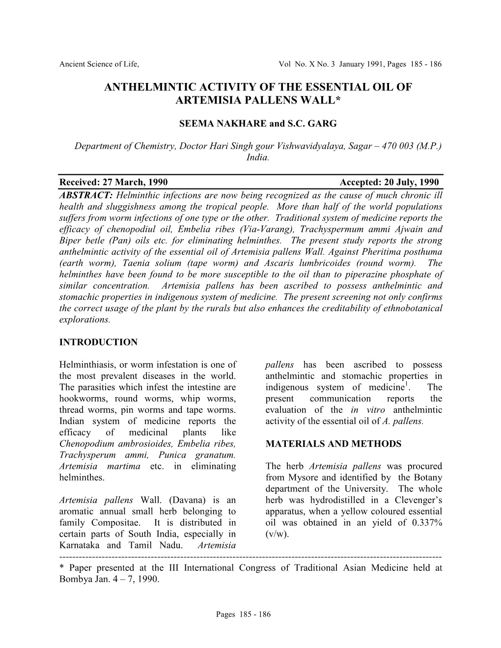 Anthelmintic Activity of the Essential Oil of Artemisia Pallens Wall*