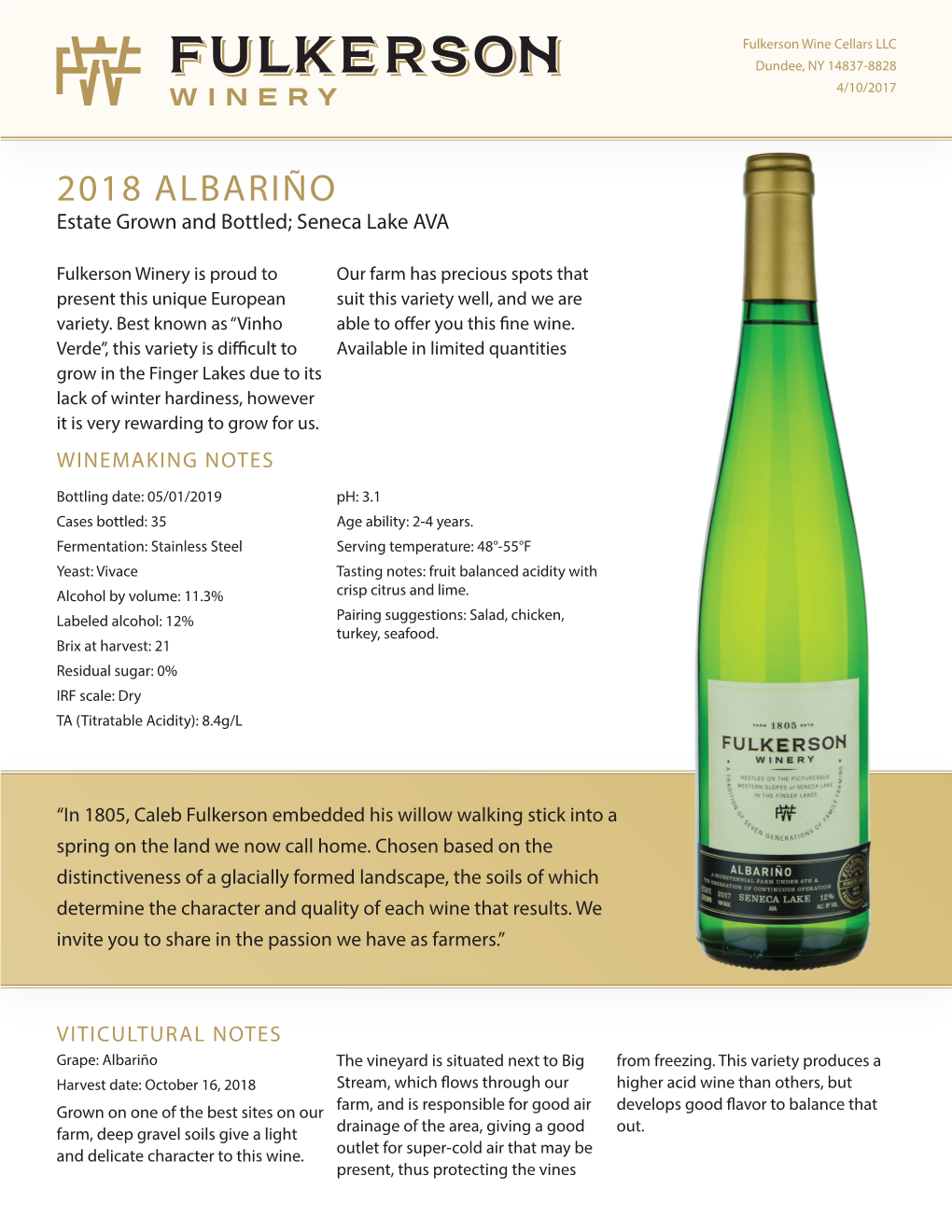 2018 ALBARIÑO Estate Grown and Bottled; Seneca Lake AVA