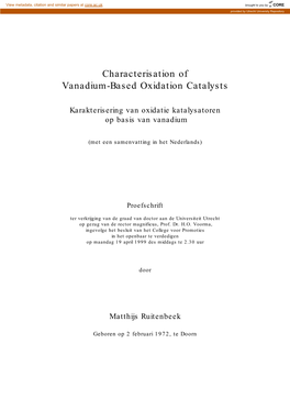 Characterisation of Vanadium-Based Oxidation Catalysts