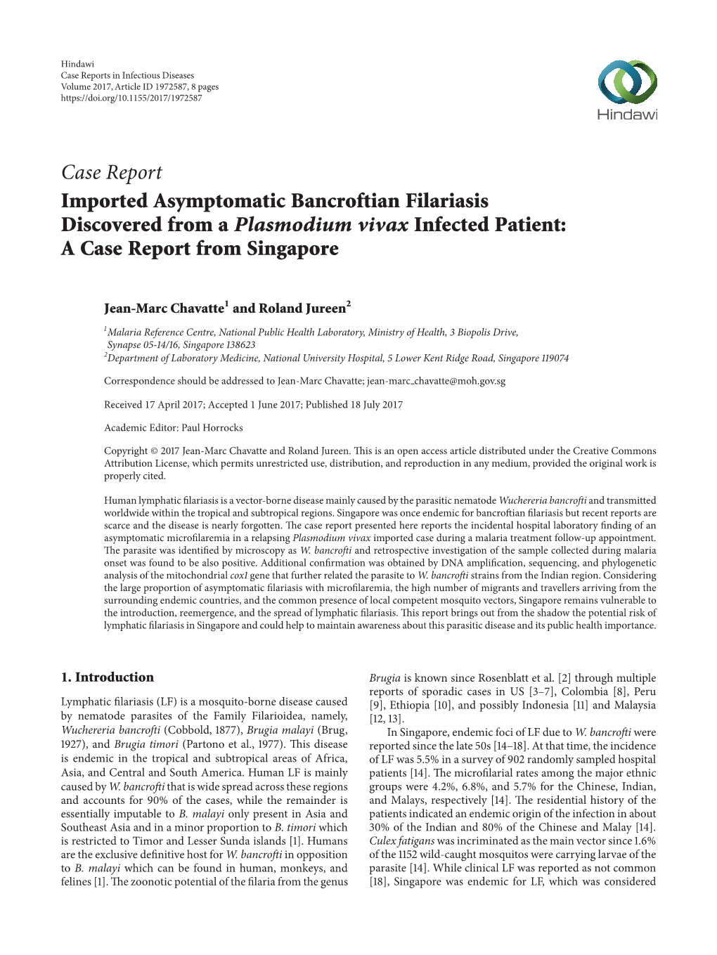 Imported Asymptomatic Bancroftian Filariasis Discovered from a Plasmodium Vivax Infected Patient: a Case Report from Singapore