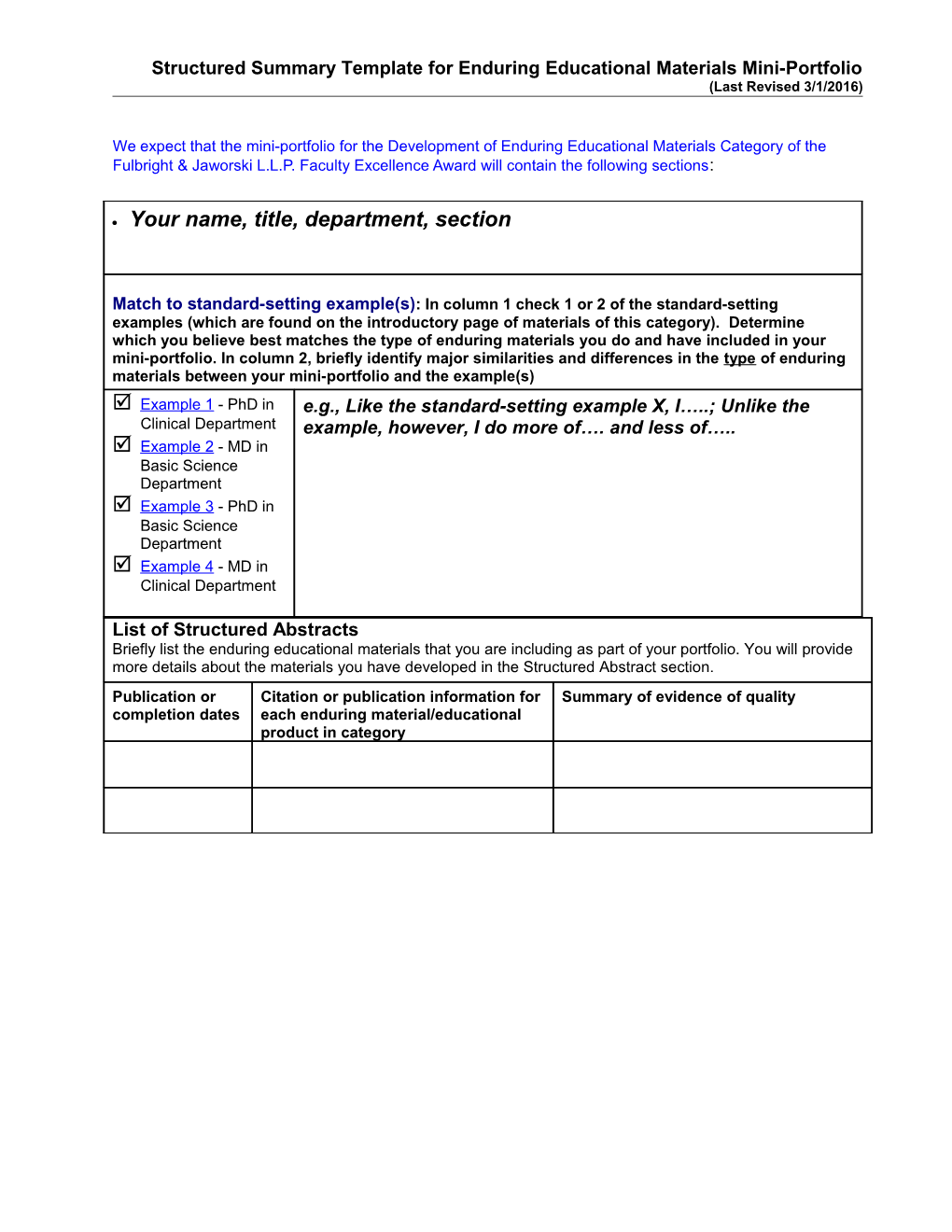 Structured Summary Template for Enduring Educational Materials Mini-Portfolio