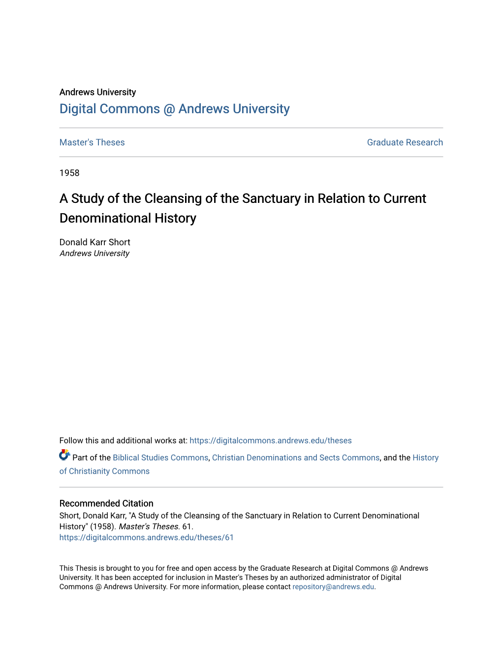 A Study of the Cleansing of the Sanctuary in Relation to Current Denominational History