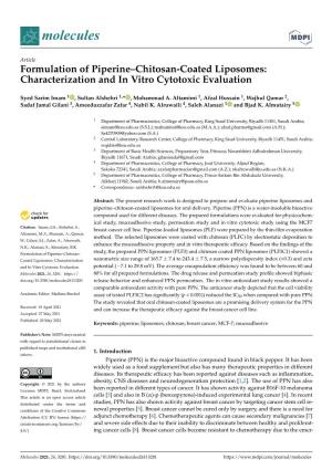 Formulation of Piperine–Chitosan-Coated Liposomes: Characterization and in Vitro Cytotoxic Evaluation