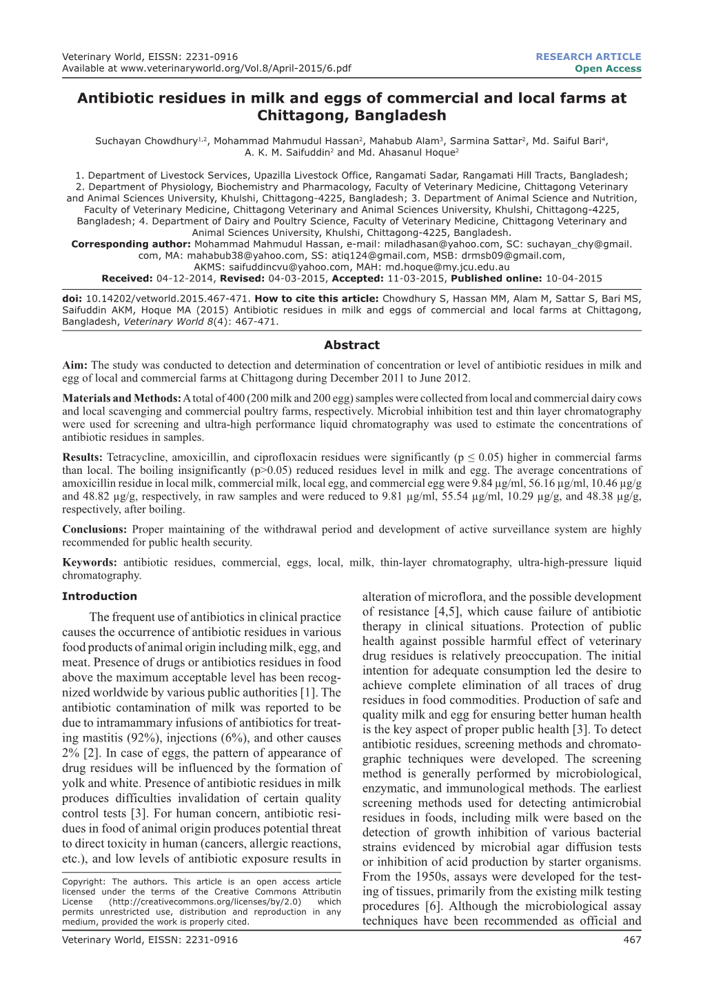 Antibiotic Residues in Milk and Eggs of Commercial and Local Farms at Chittagong, Bangladesh