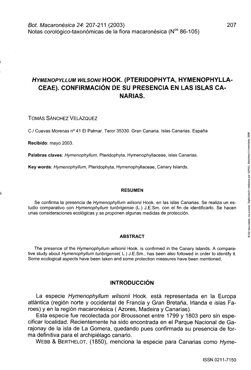 Hymenopyllum Wilsonii Hook. (Pteridophyta, Hymenophyllaceae). Confirmación De Su Presencia En Las Islas Canarias