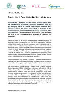 161104 Press Release Robert Koch Gold Medal 2016 to Kai Simons EN