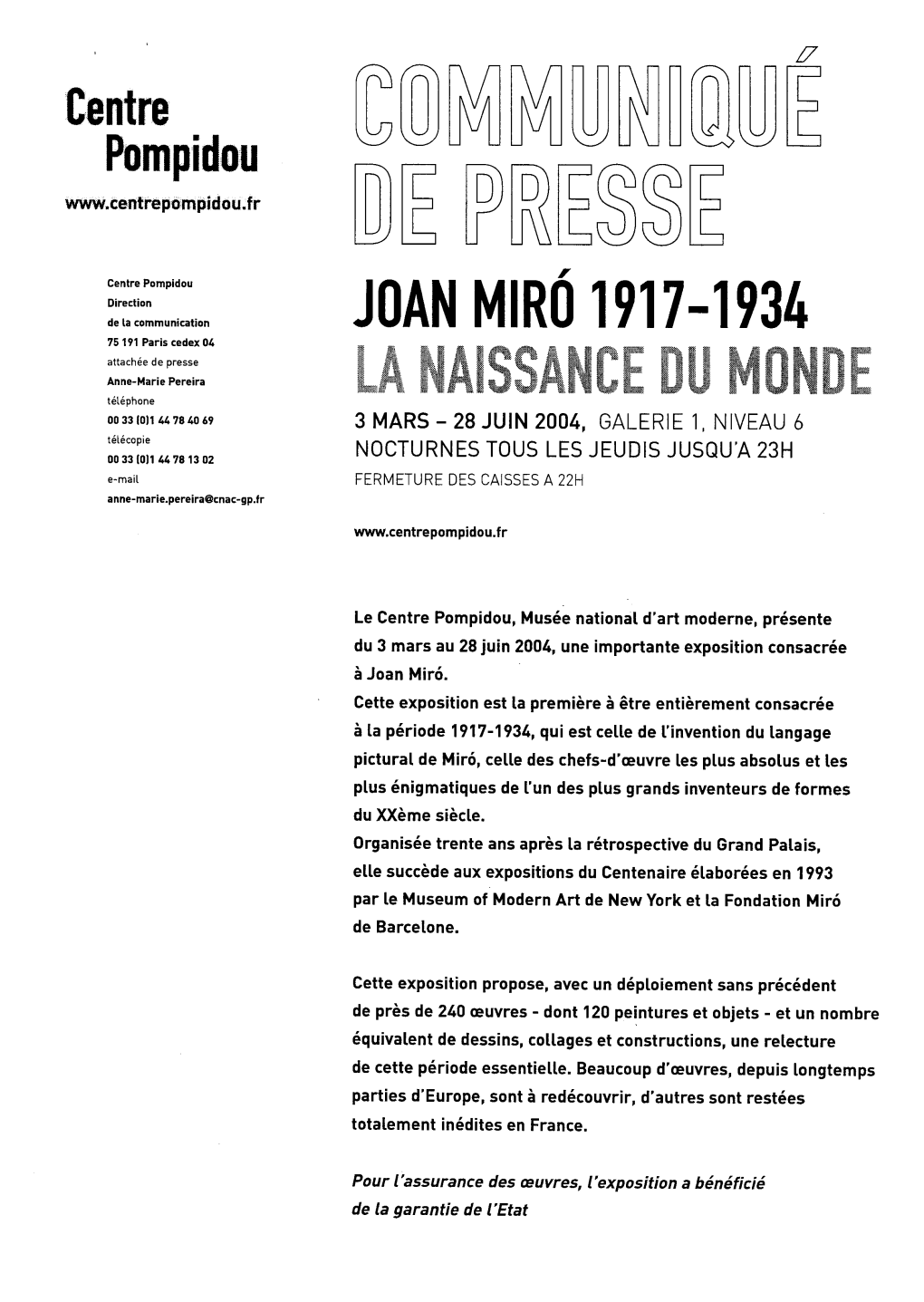 Dossier De Presse Joan Miro 1917