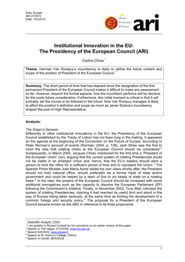 Institutional Innovation in the EU: the Presidency of the European Council (ARI)