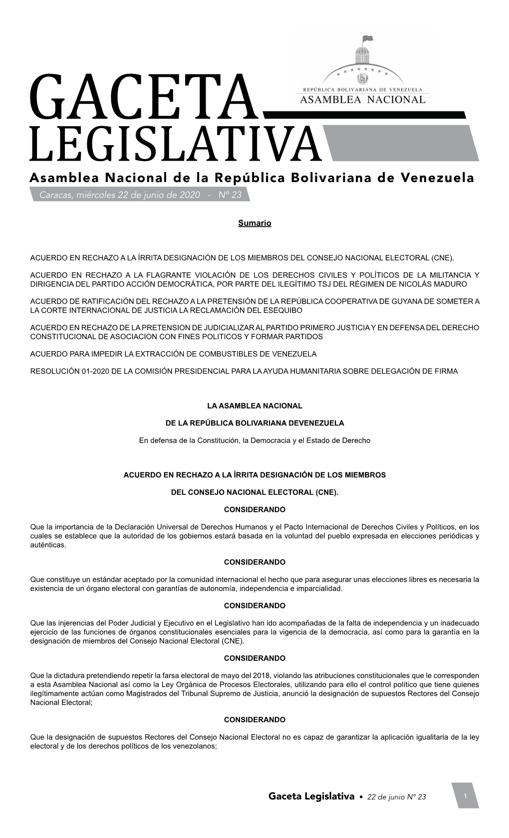 Asamblea Nacional De La República Bolivariana De Venezuela Caracas, Miércoles 22 De Junio De 2020 - Nº 23