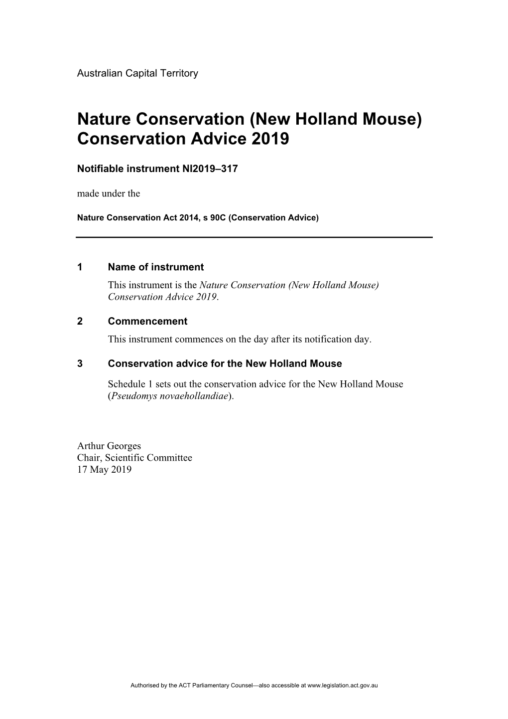 New Holland Mouse) Conservation Advice 2019