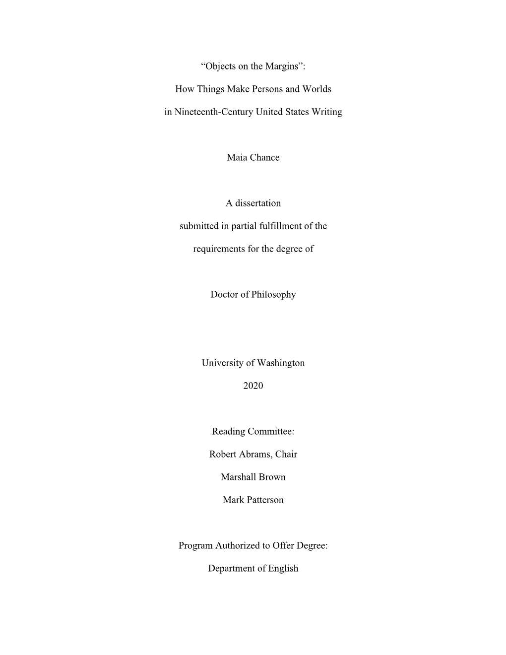 “Objects on the Margins”: How Things Make Persons and Worlds in Nineteenth-Century United