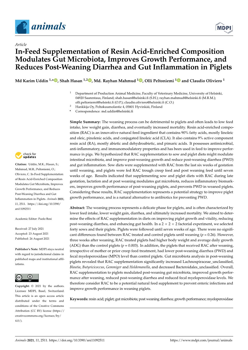 In-Feed Supplementation of Resin Acid-Enriched Composition