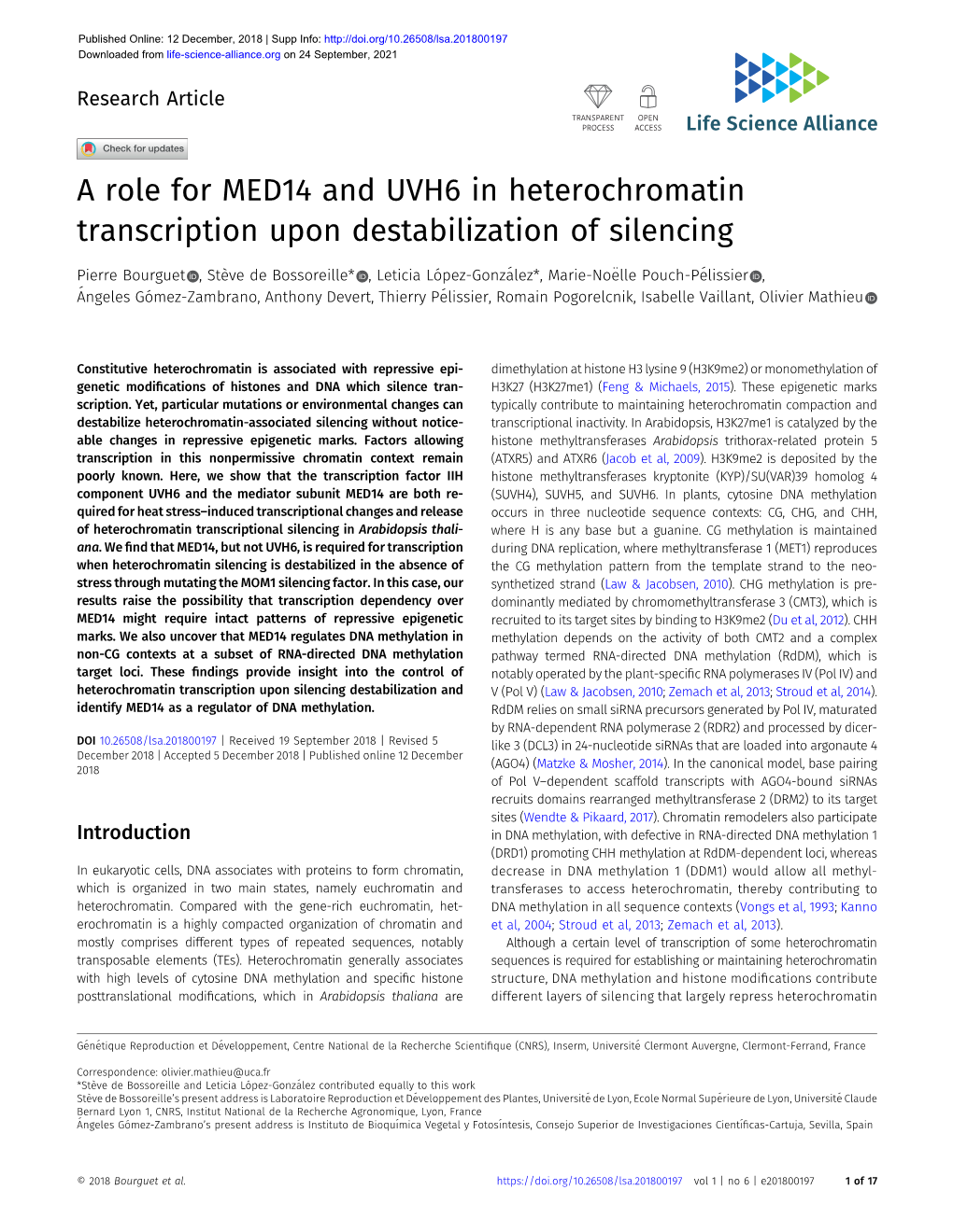 A Role for MED14 and UVH6 in Heterochromatin Transcription Upon Destabilization of Silencing