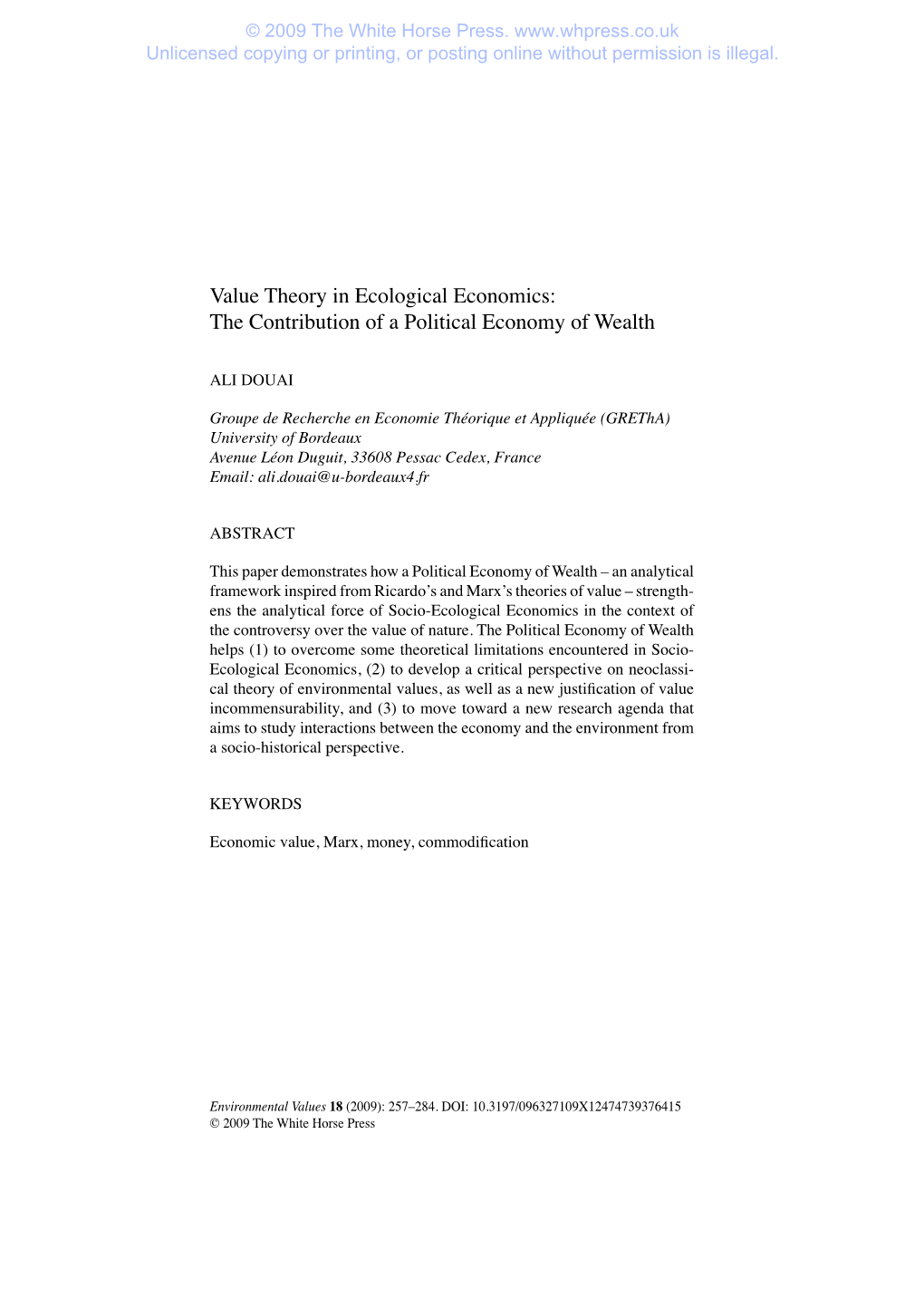 Value Theory in Ecological Economics: the Contribution of a Political Economy of Wealth